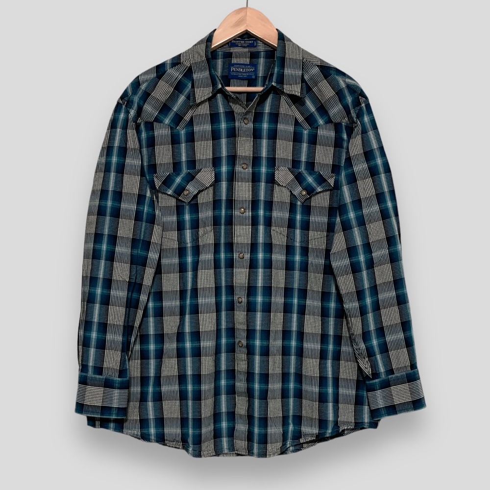 Pendleton Cotton Plaid Frontier Button-down Shirt - Marine Blue / Black | Size L